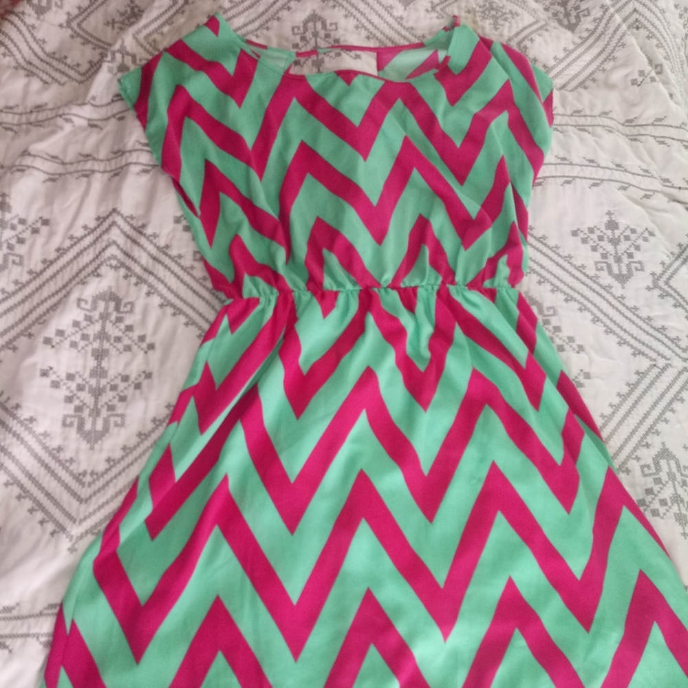 Mint green and pink dress, short front long back